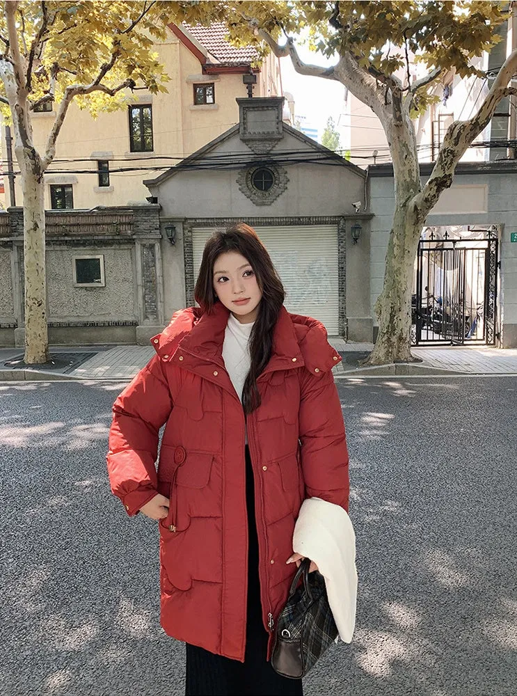 Cozy Knee-Length Oversized Puffer Coat with Flap Pockets