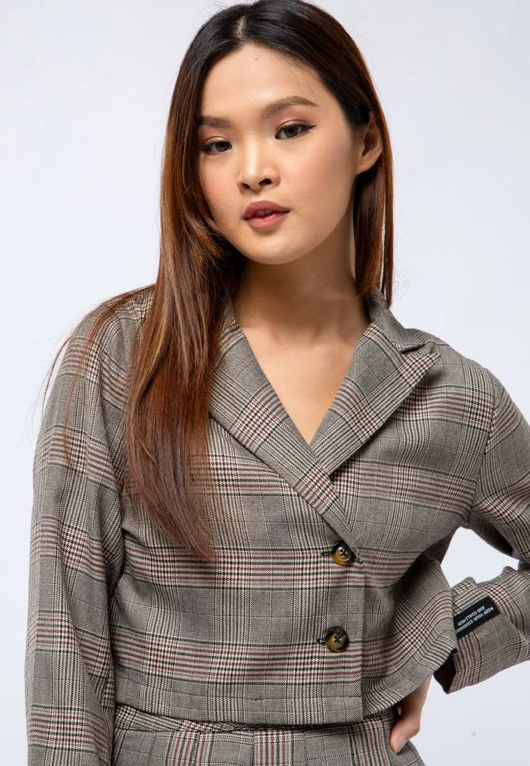 Crop Long Sleeve Plaid Blazer