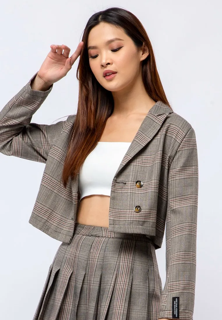 Crop Long Sleeve Plaid Blazer