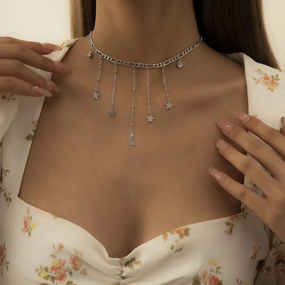 Cubic Zirconia & Silver-Plated Celestial Tassel Choker Necklace