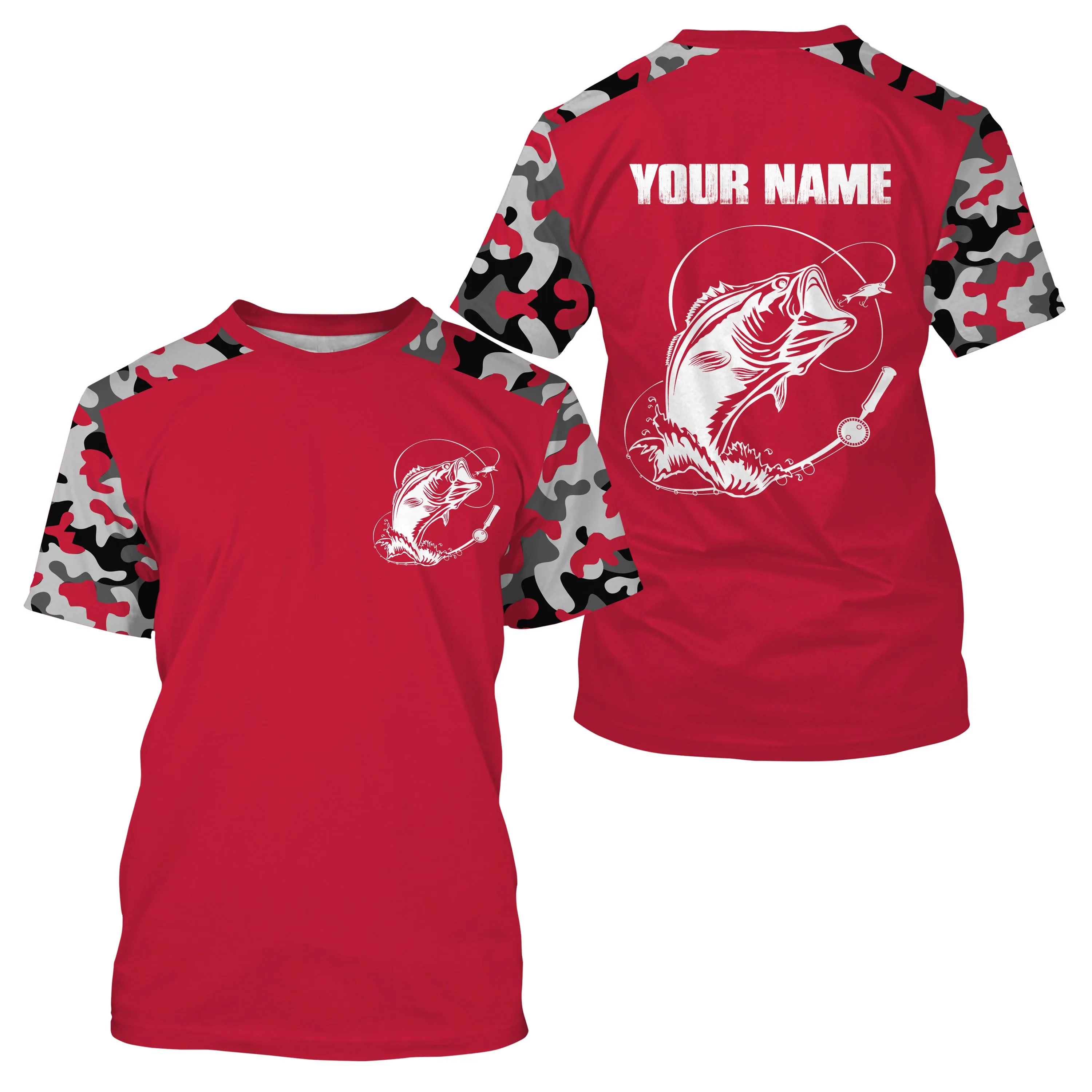 Custom Name Bass Fishing Camouflage Red Performance Fishing Shirt, Bass Fishing Jerseys - SDF128