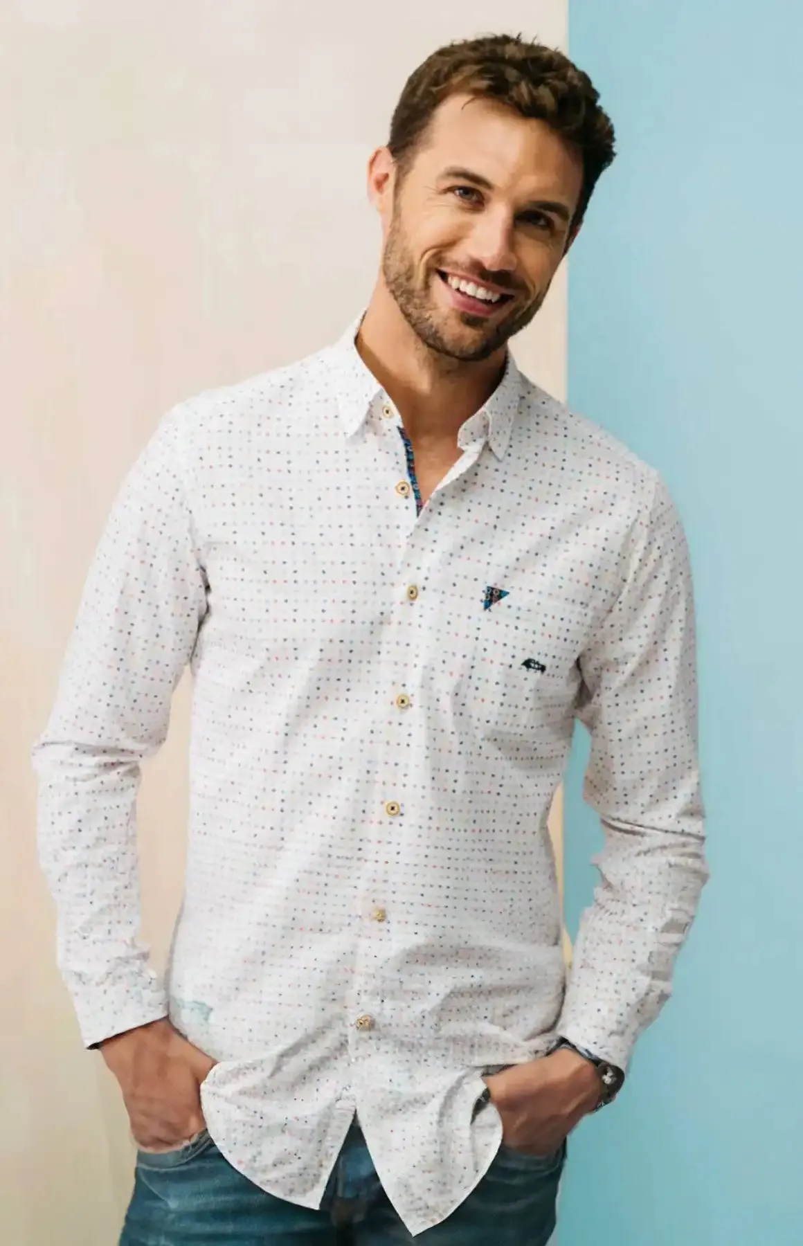 Dario Beltran Men's LS Shirt Archena Regular Fit White Multi