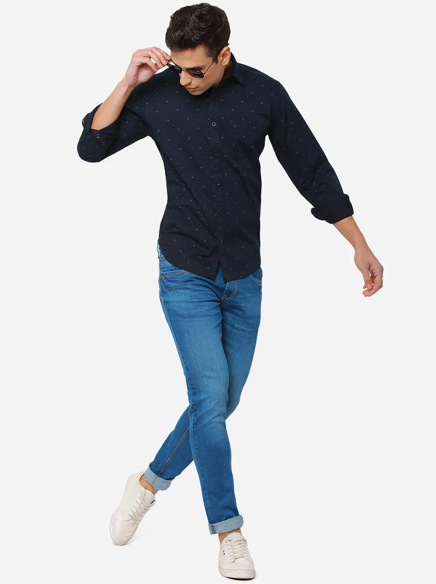 Dark Blue Printed Slim Fit Casual Shirt | Greenfibre
