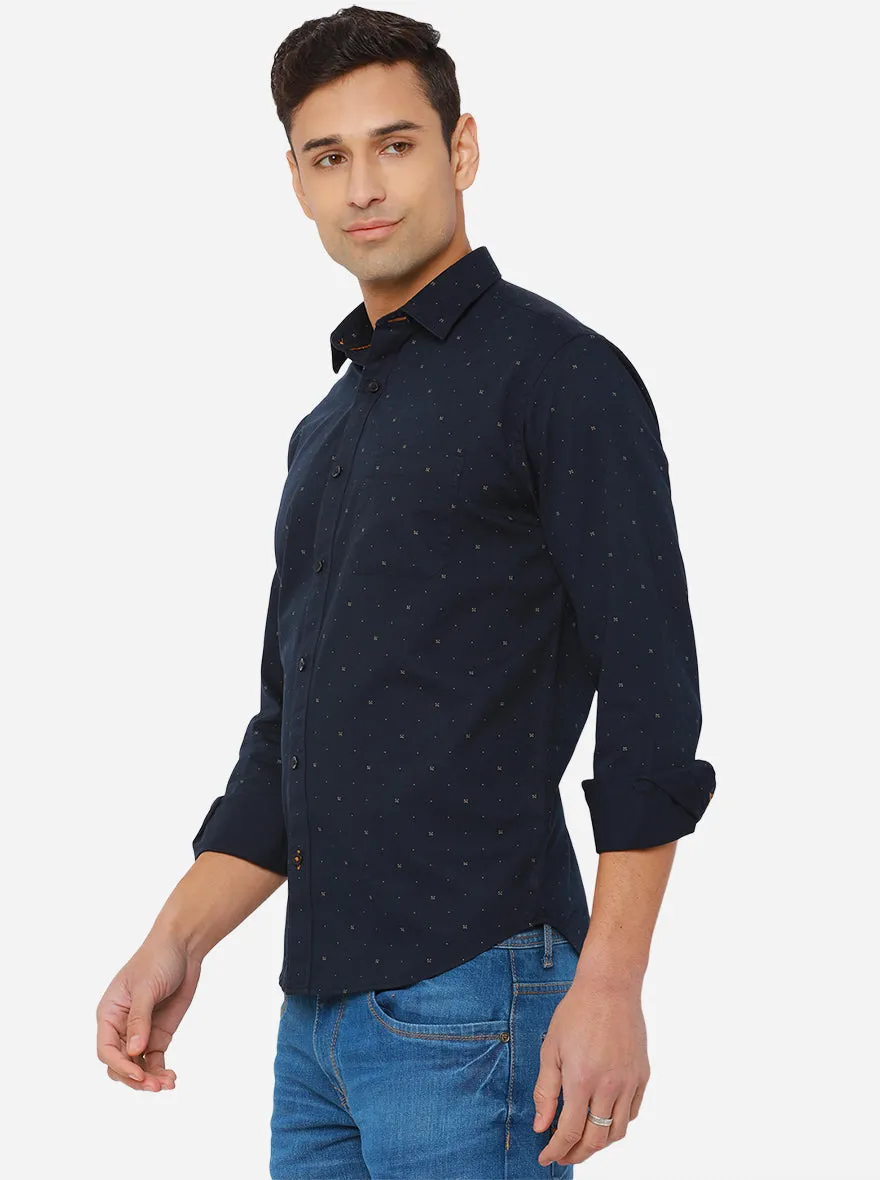 Dark Blue Printed Slim Fit Casual Shirt | Greenfibre