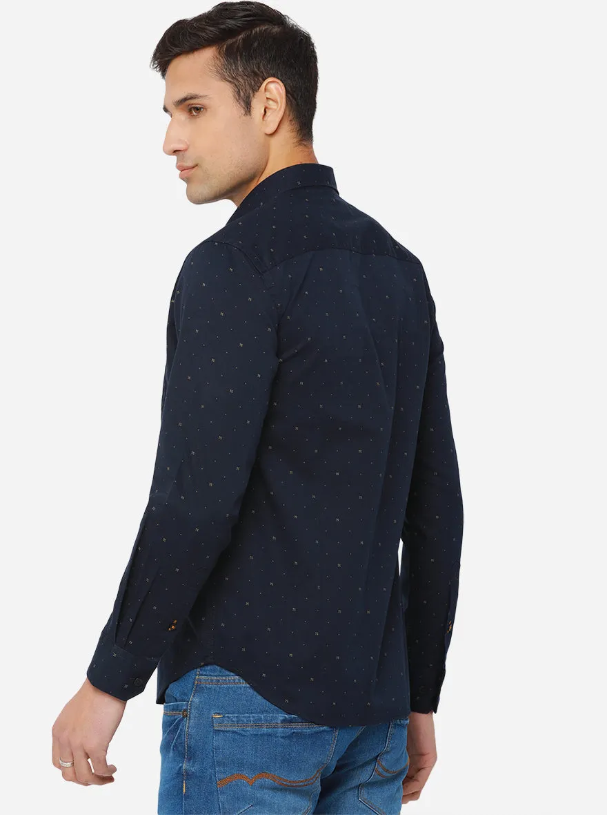 Dark Blue Printed Slim Fit Casual Shirt | Greenfibre