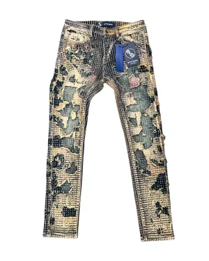 Dark Blue Wash with Twirl Fabric Skinny Jeans