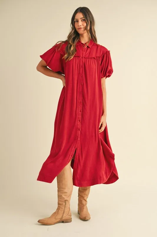 Deep Red Mineral Washed Button Down Puff Sleeve Shirt Dress