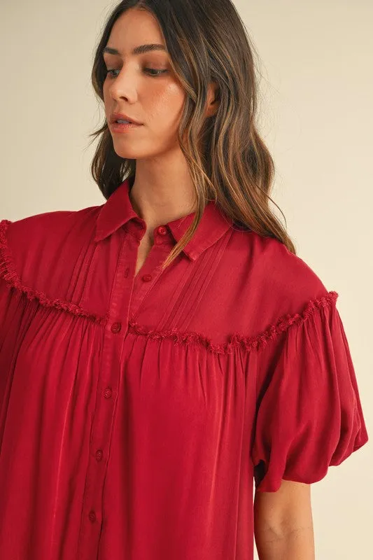 Deep Red Mineral Washed Button Down Puff Sleeve Shirt Dress