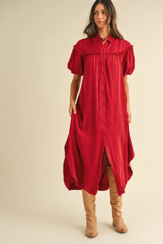 Deep Red Mineral Washed Button Down Puff Sleeve Shirt Dress