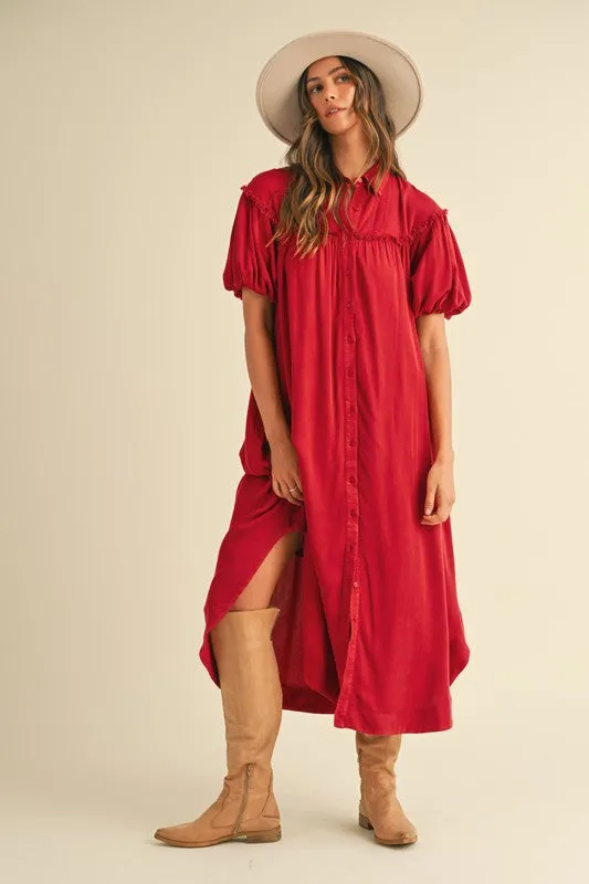 Deep Red Mineral Washed Button Down Puff Sleeve Shirt Dress