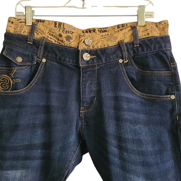 DESIGUAL Layered Graphic Waistband Straight Ankle Jeans 185SMDDX1 Women's 32