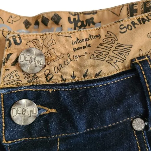 DESIGUAL Layered Graphic Waistband Straight Ankle Jeans 185SMDDX1 Women's 32