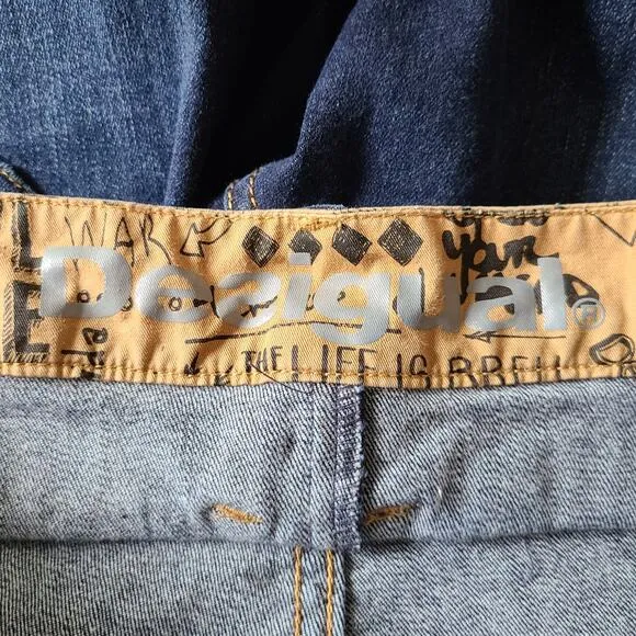 DESIGUAL Layered Graphic Waistband Straight Ankle Jeans 185SMDDX1 Women's 32