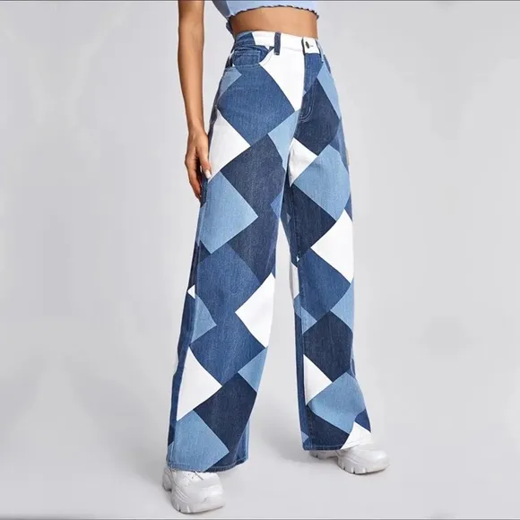 Diamond Print Womens High Waist Wide Leg Bottoms Denim Pants Trouser Wideleg