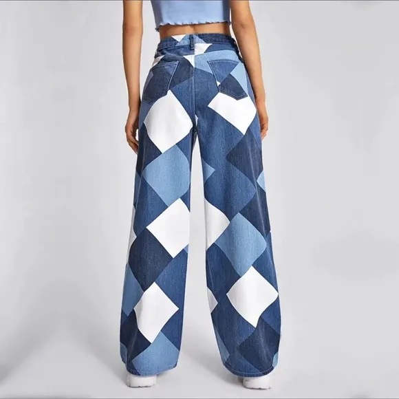 Diamond Print Womens High Waist Wide Leg Bottoms Denim Pants Trouser Wideleg