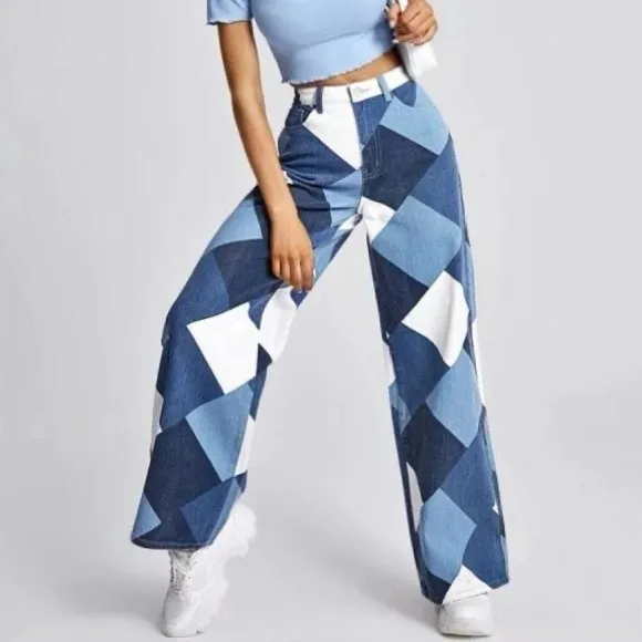Diamond Print Womens High Waist Wide Leg Bottoms Denim Pants Trouser Wideleg