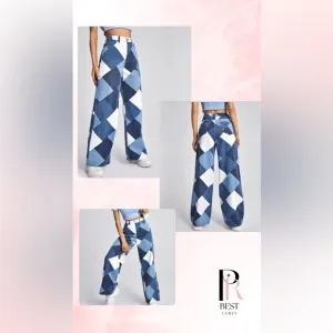 Diamond Print Womens High Waist Wide Leg Bottoms Denim Pants Trouser Wideleg