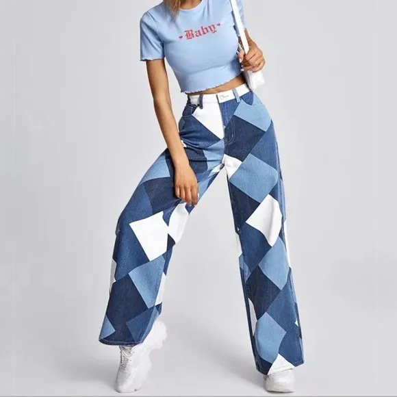Diamond Print Womens High Waist Wide Leg Bottoms Denim Pants Trouser Wideleg