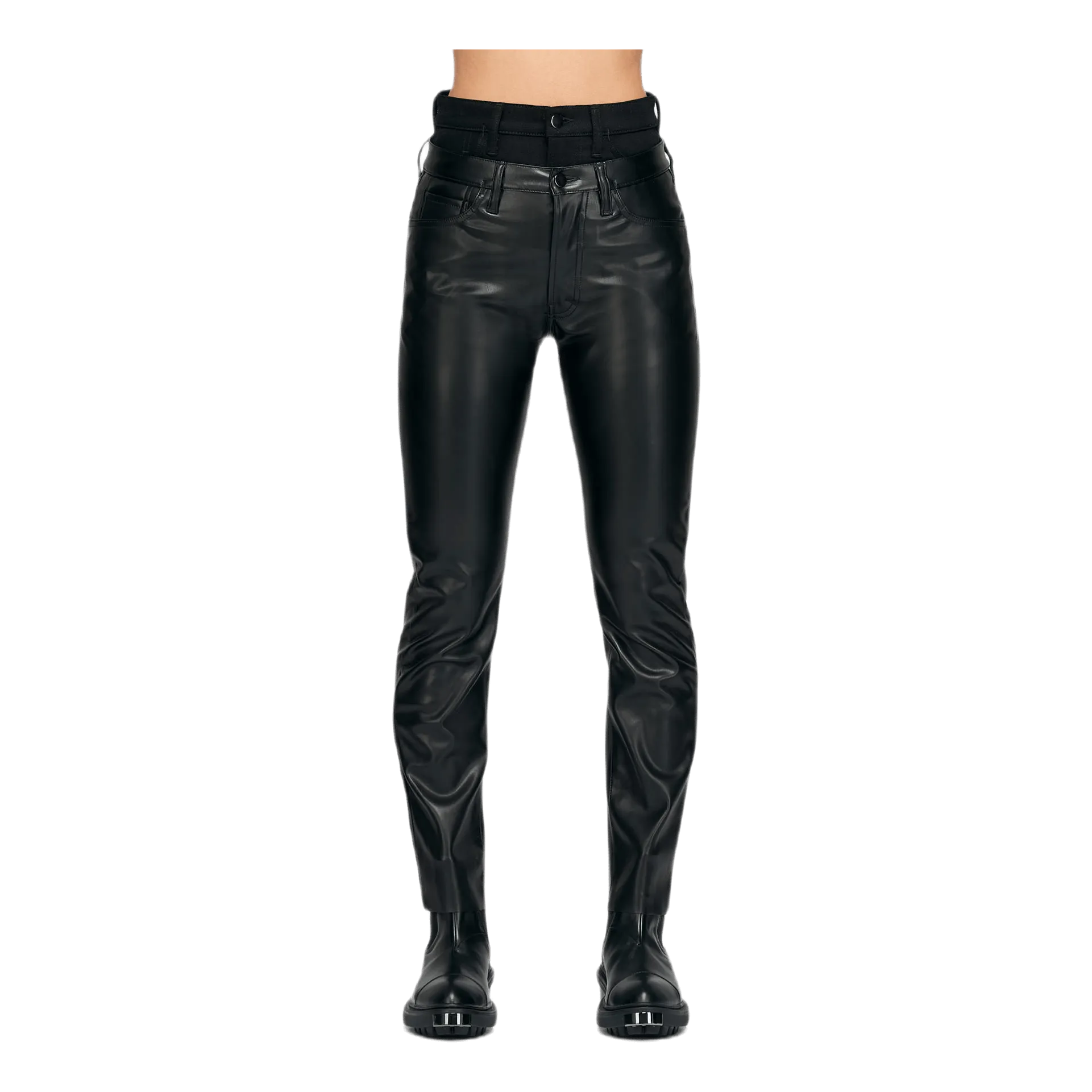 Double Waisted Leather Jeans Black