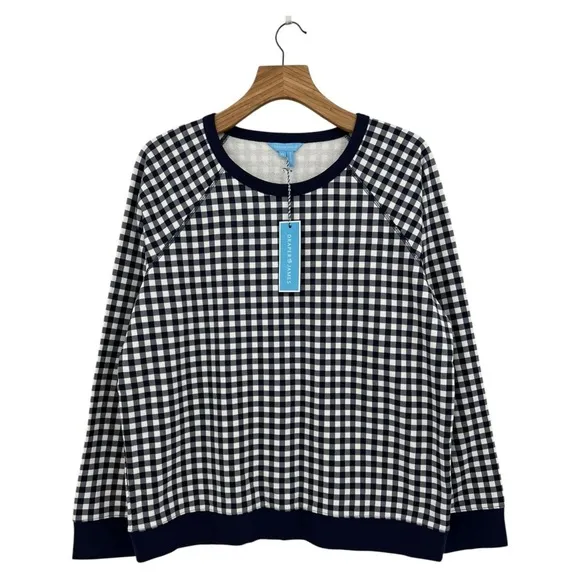 Draper James Natalie Sweatshirt in Gingham Nassau Navy Multi Size XL 14 NWT