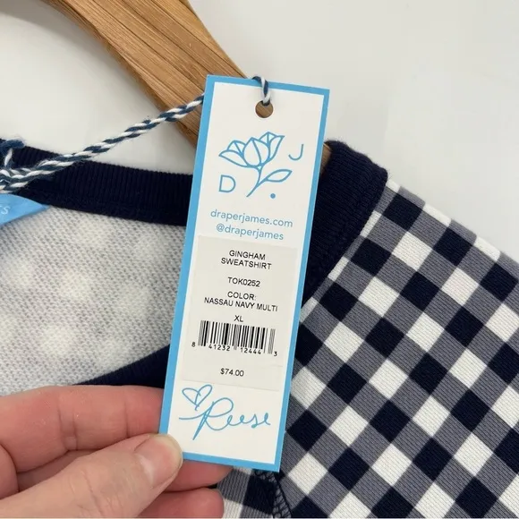 Draper James Natalie Sweatshirt in Gingham Nassau Navy Multi Size XL 14 NWT