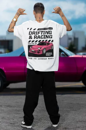 Drifting And Racing White Oversized T-Shirt For Men