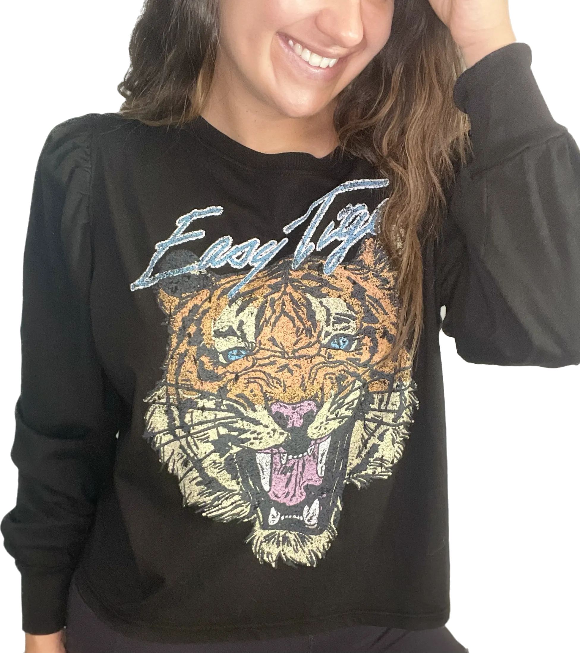Easy Tiger Puffy Long Sleeve Black Graphic Blouse.