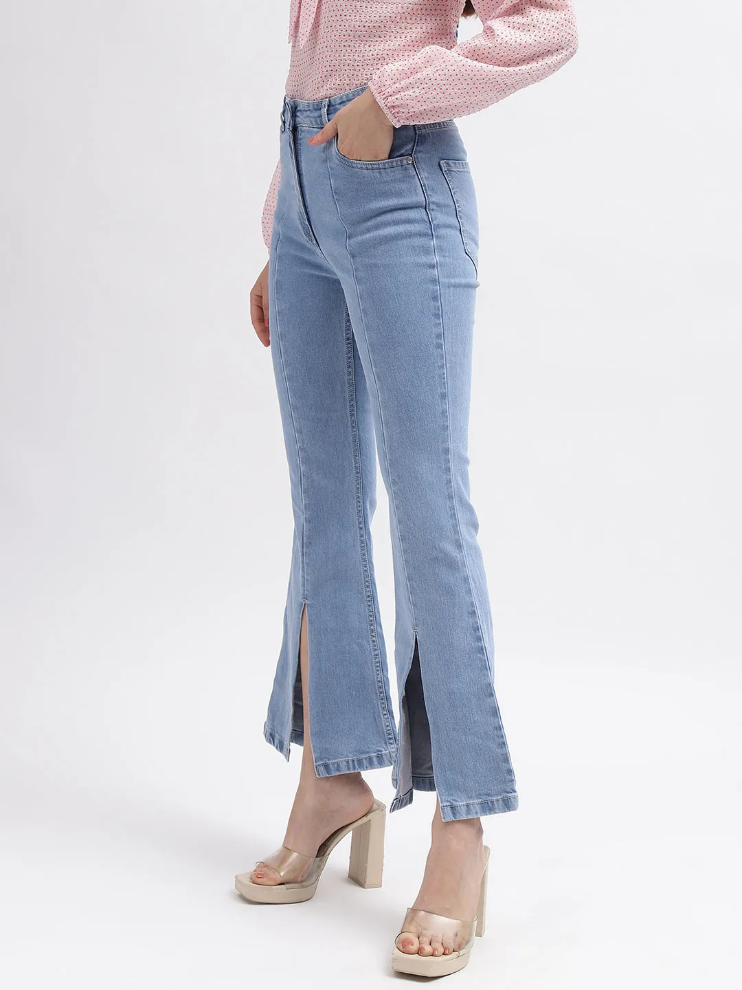 Elle Women Blue Solid Bootcut Mid-Rise Jeans