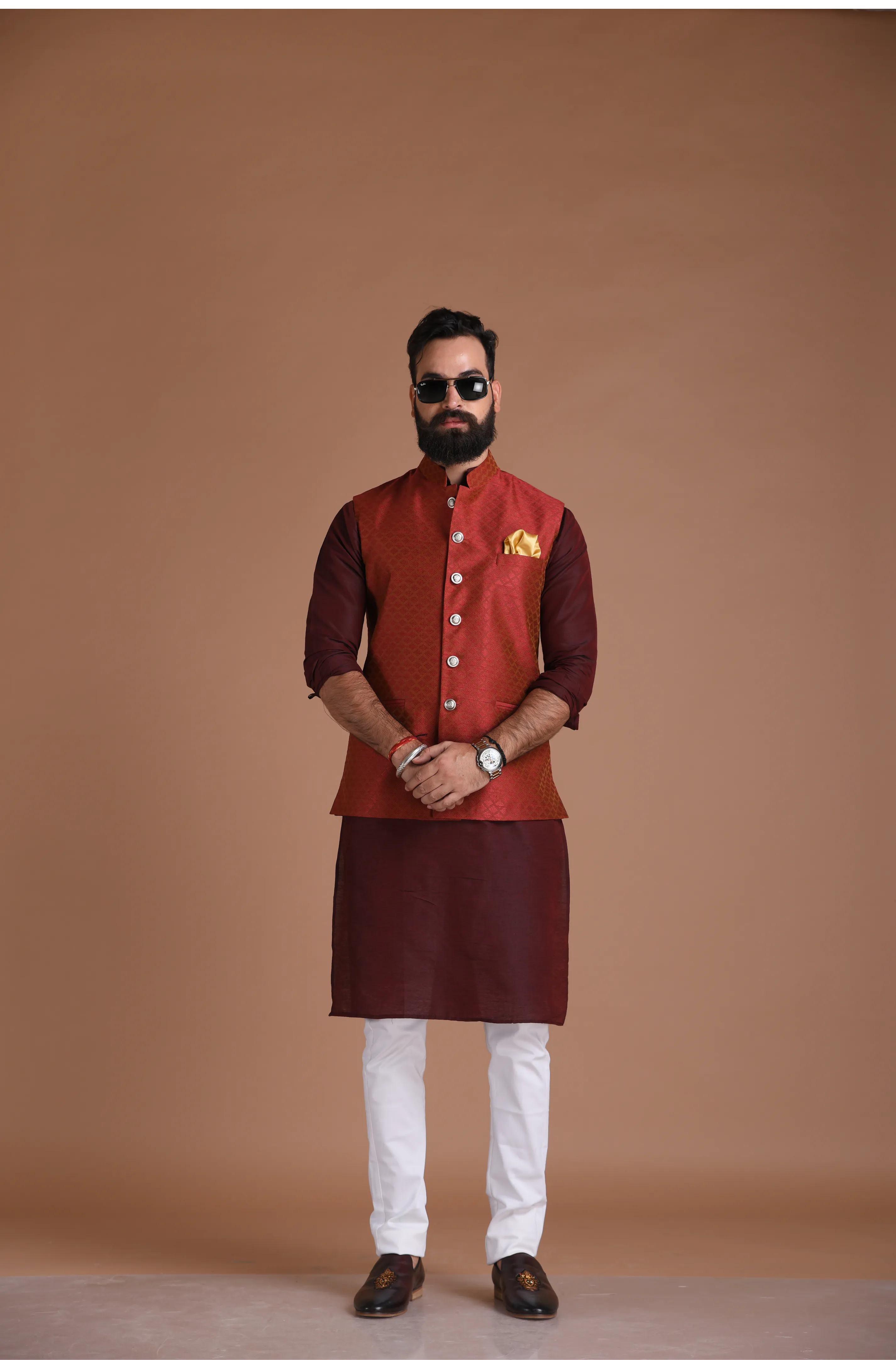 Embroidered Pattern Dark Red Half Jodhpuri Designer Jacket With Kurta Pajama