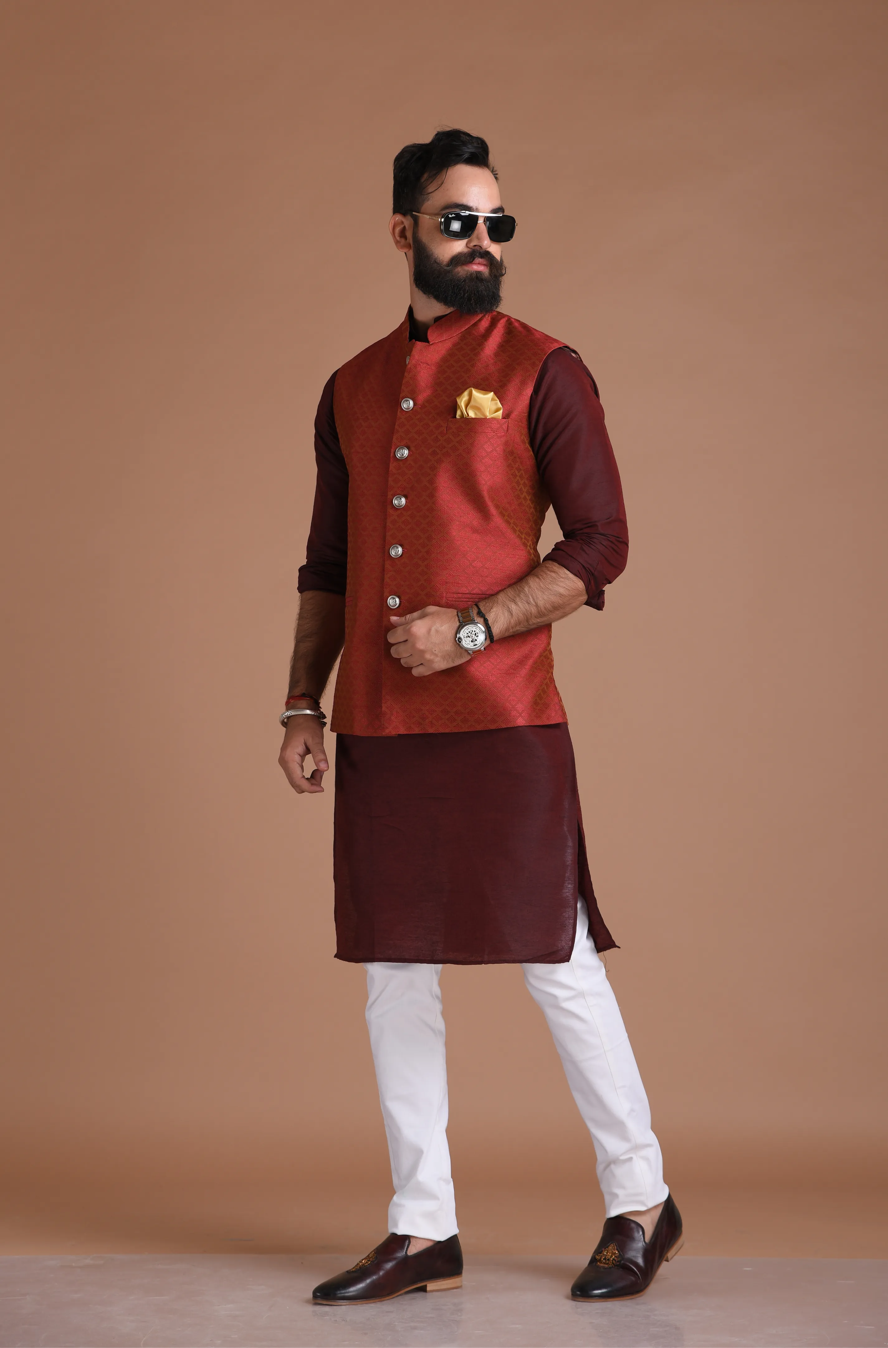 Embroidered Pattern Dark Red Half Jodhpuri Designer Jacket With Kurta Pajama