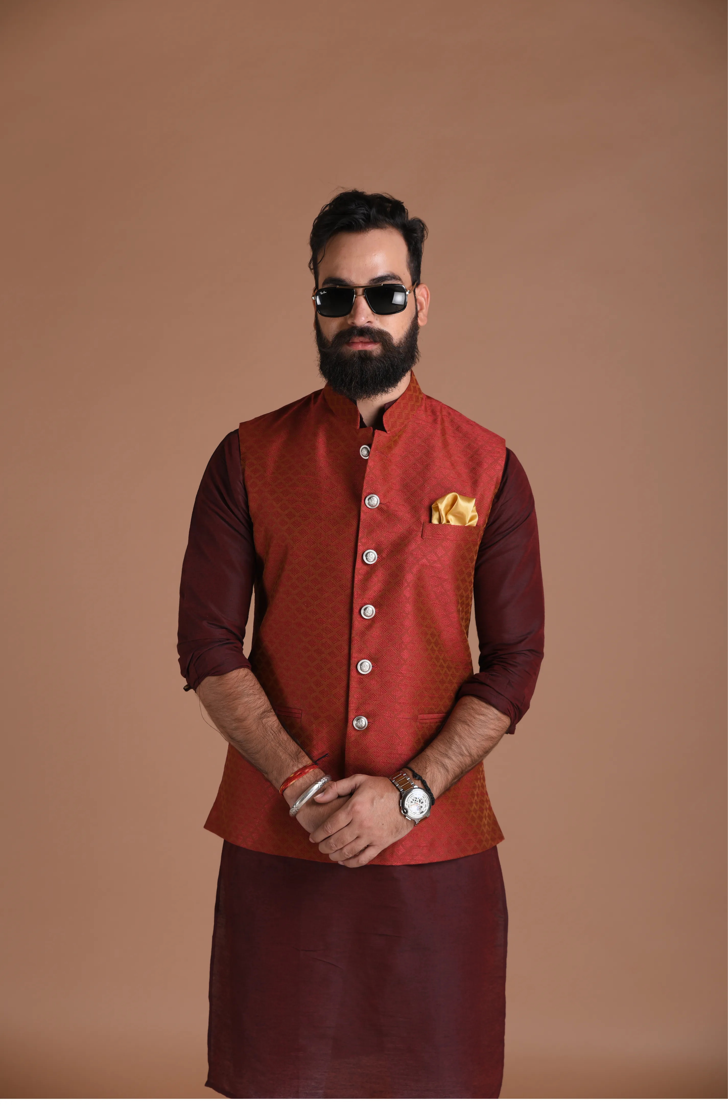 Embroidered Pattern Dark Red Half Jodhpuri Designer Jacket With Kurta Pajama