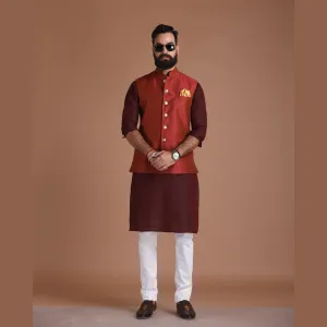 Embroidered Pattern Dark Red Half Jodhpuri Designer Jacket With Kurta Pajama