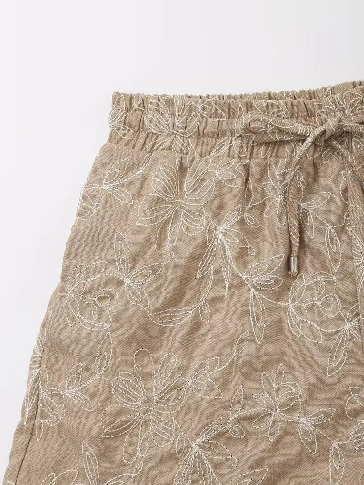 Embroidered Shorts Women Retro Easy Matching High Waist Lace up Shorts