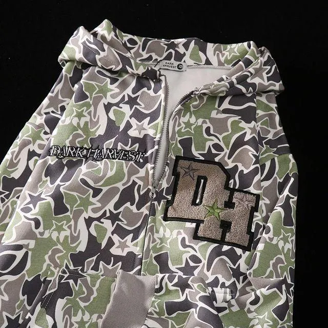 Embroidery Camouflage Zip Up Hoodie