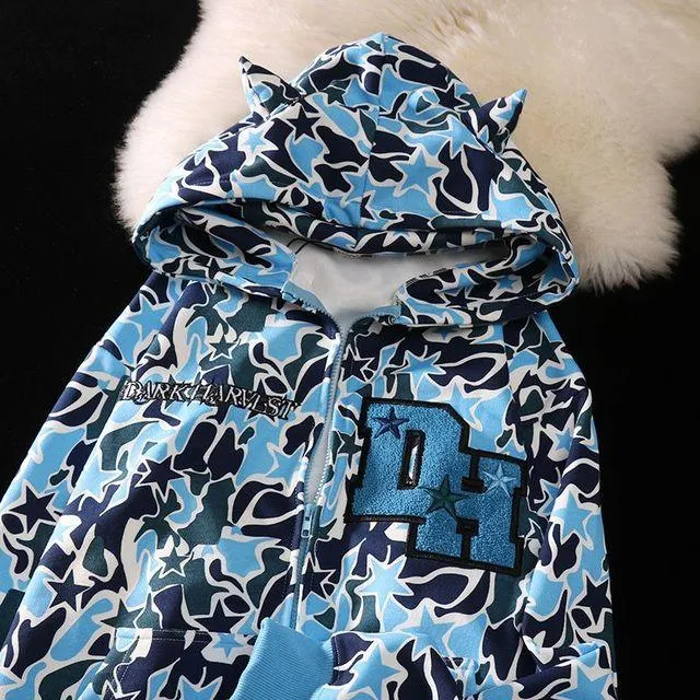 Embroidery Camouflage Zip Up Hoodie