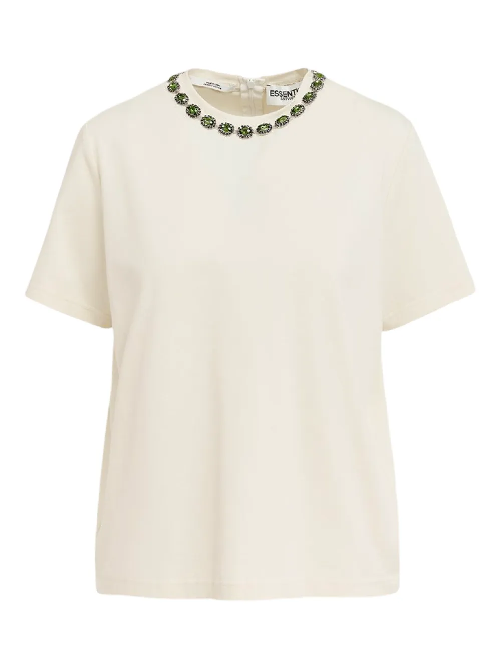 Essentiel Antwerp Galenic Ecru T-Shirt With Rhinestone-Embellished Neckline