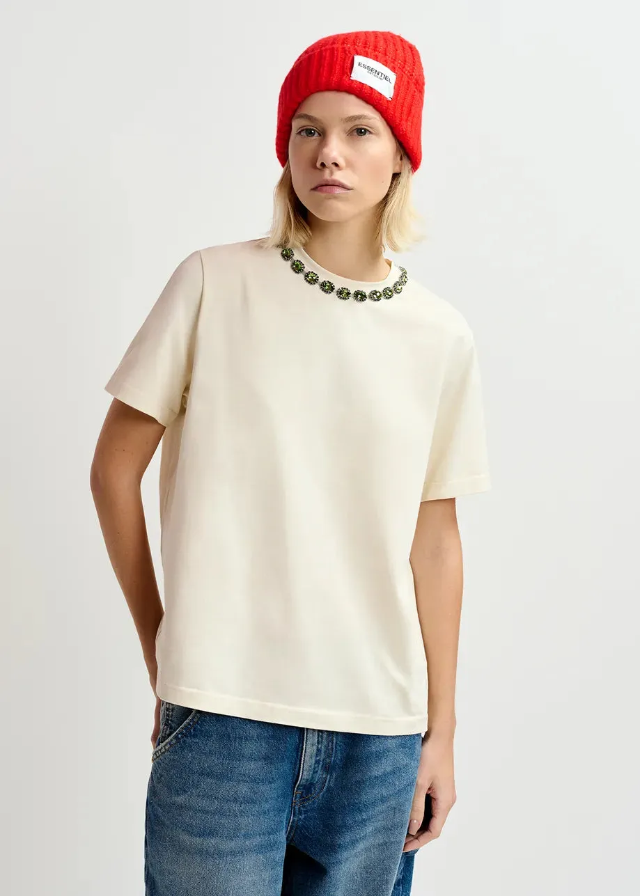 Essentiel Antwerp Galenic Ecru T-Shirt With Rhinestone-Embellished Neckline