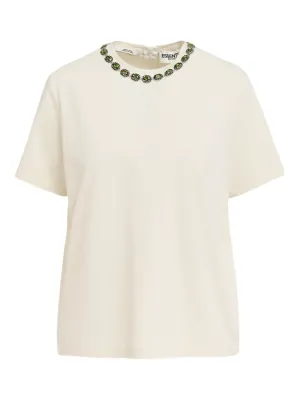 Essentiel Antwerp Galenic Ecru T-Shirt With Rhinestone-Embellished Neckline