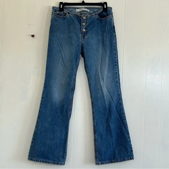 Express Y2K 90s Denim Blue Low Rise Button Fly Hipster Flare Jeans Size 7/8.