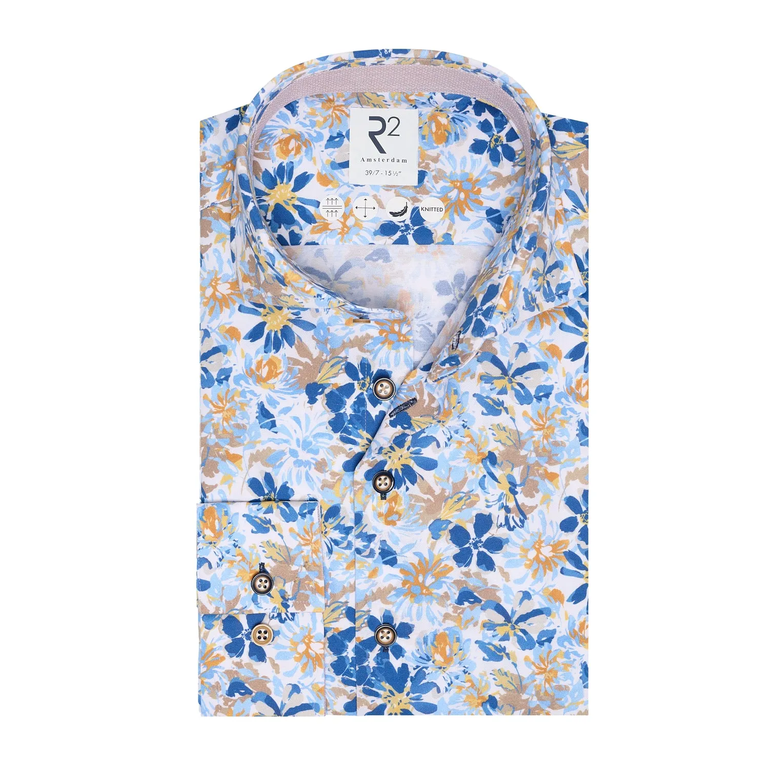 Extra long sleeves. Floral print knitted piquet shirt
