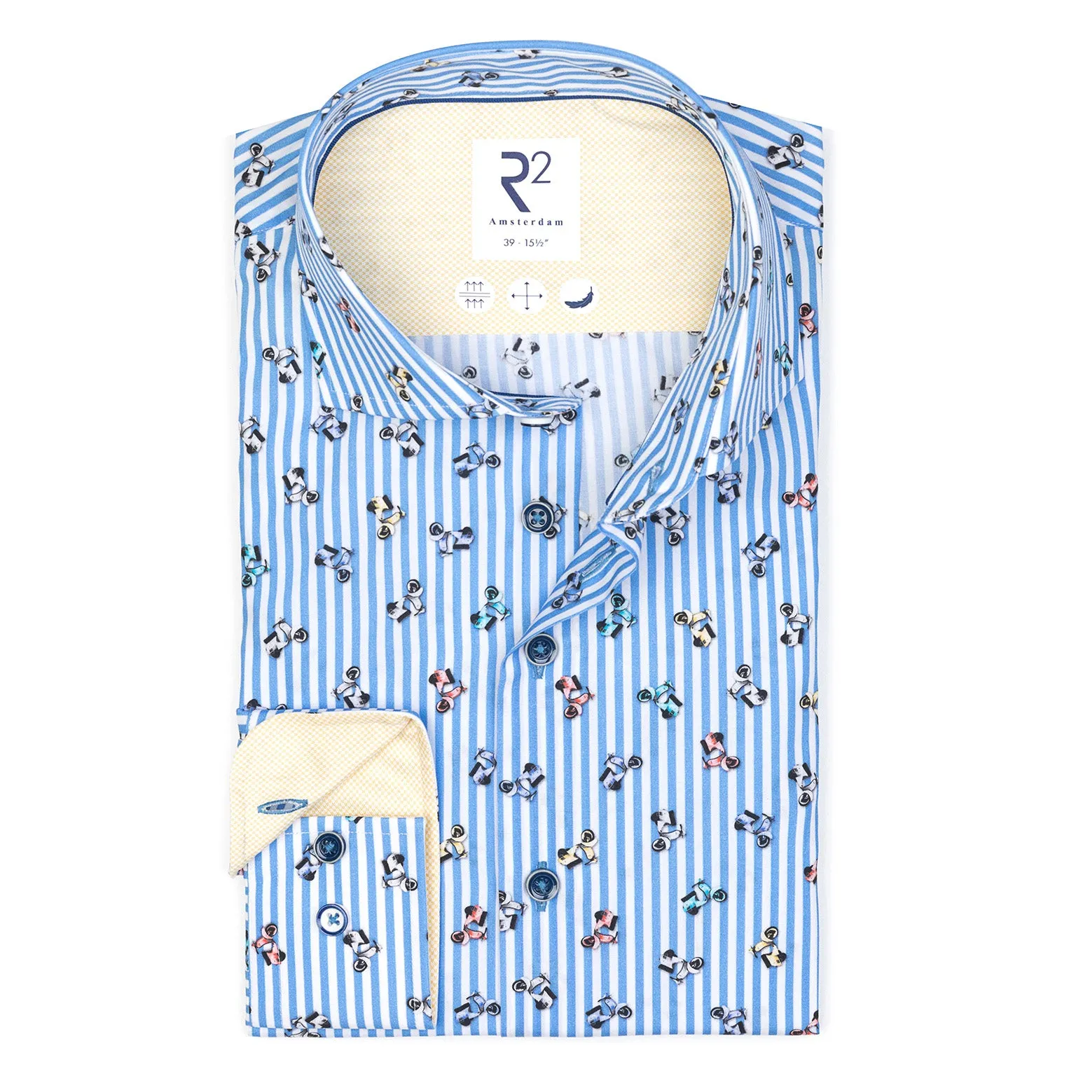 Extra long sleeves. Striped Italian scooter print coton shirt