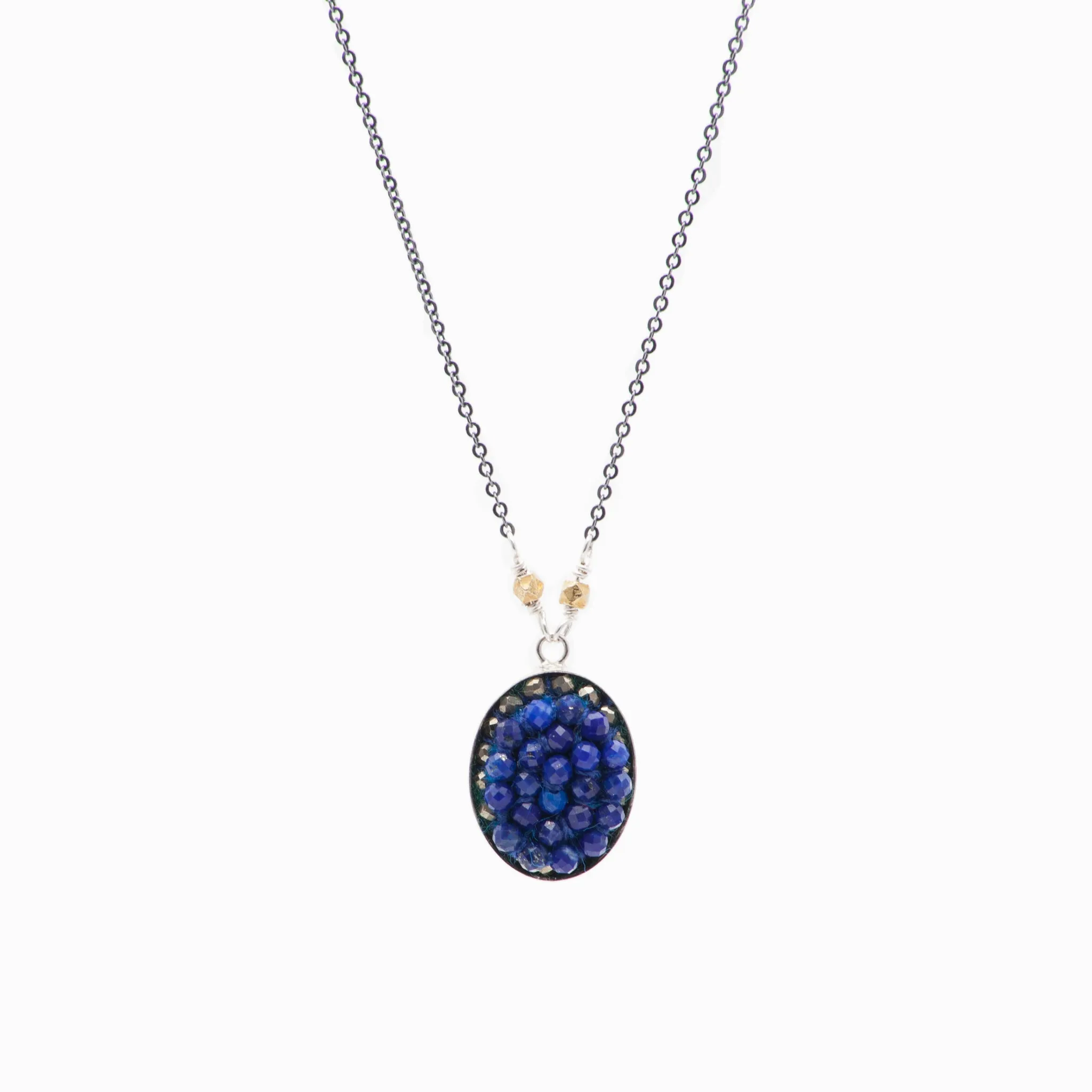 Faceted Lapis Lazuli and Pyrite Oval Mosaic on Sterling Silver Chain Necklace