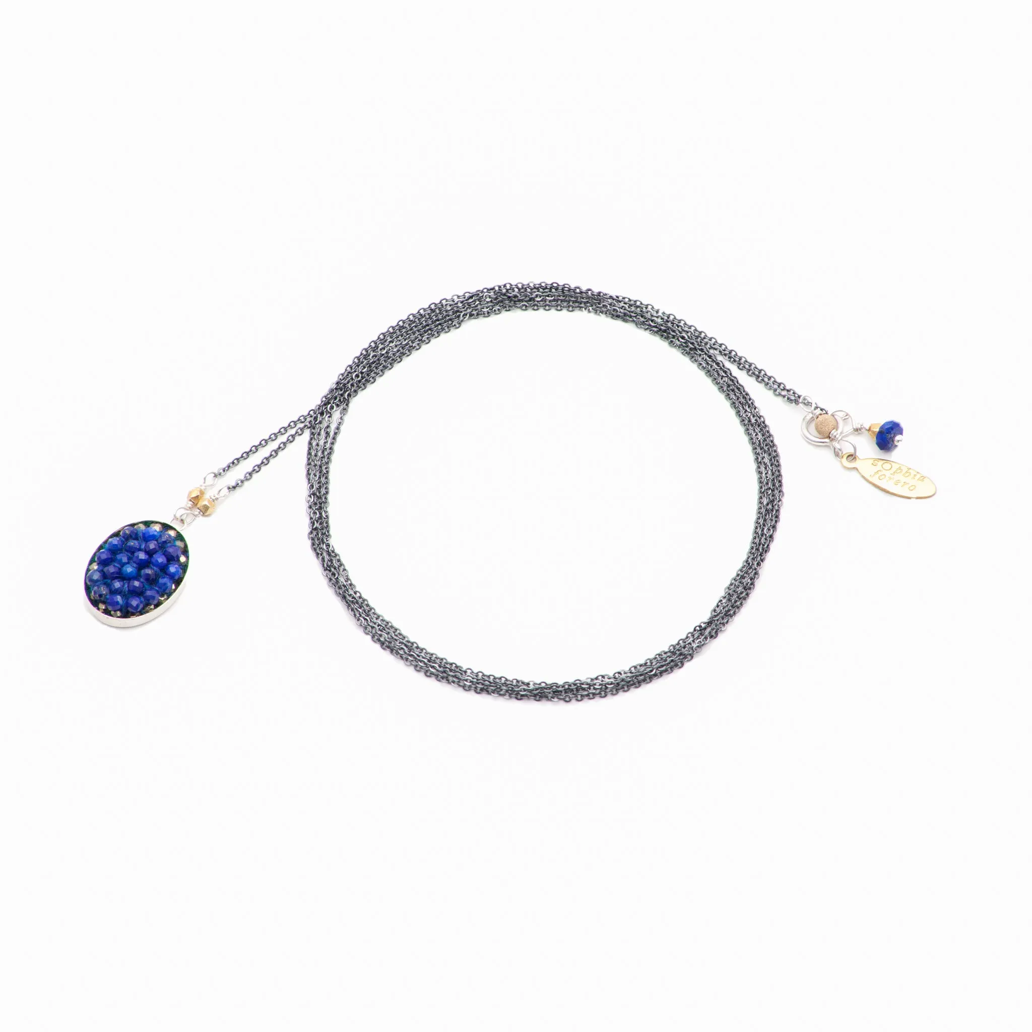 Faceted Lapis Lazuli and Pyrite Oval Mosaic on Sterling Silver Chain Necklace