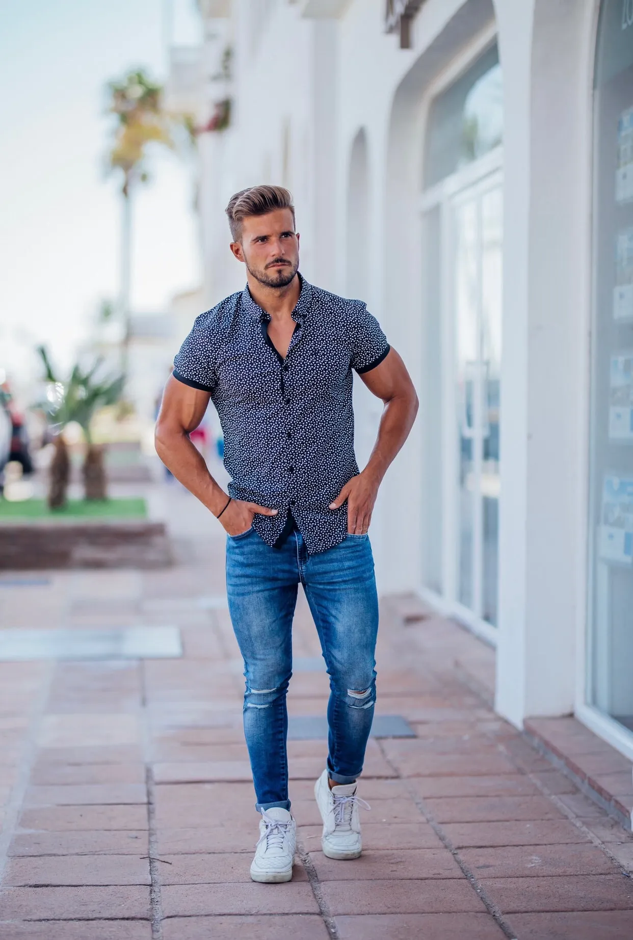 Father Sons Super Slim Stretch Black & White Dandy Print Short Sleeve FS416