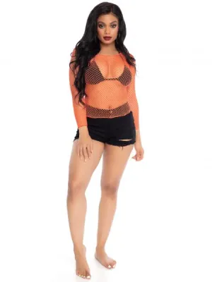 Fishnet Long Sleeve Top - Coral - One Size