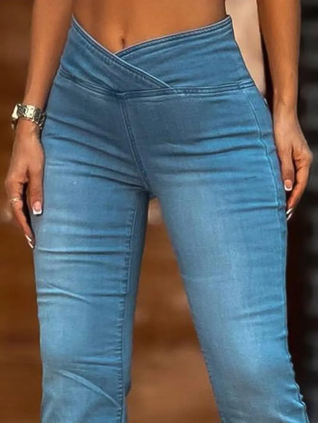 Flamingals Flared Wide Leg High Rise Casual Wash Wrap Denim Jeans Mid Blue