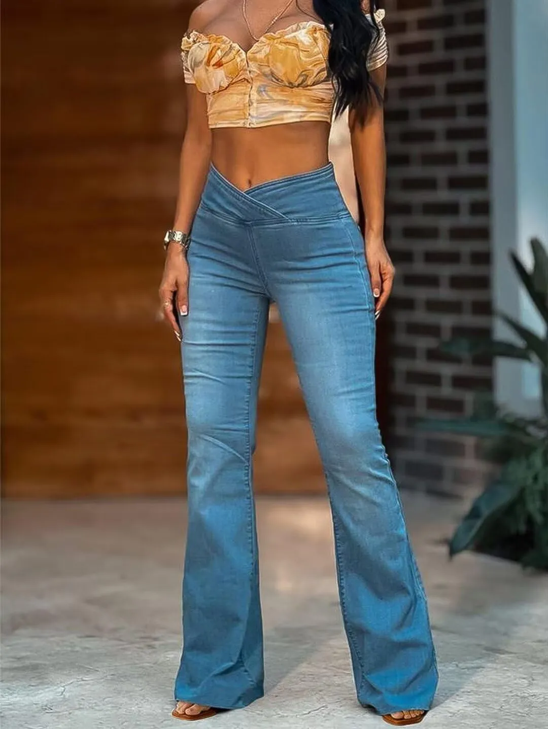 Flamingals Flared Wide Leg High Rise Casual Wash Wrap Denim Jeans Mid Blue