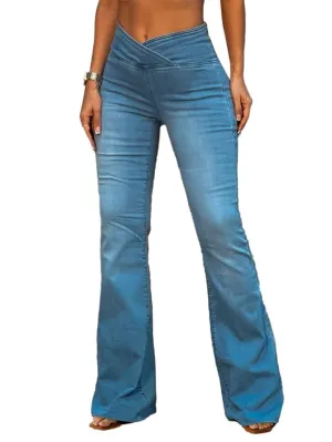Flamingals Flared Wide Leg High Rise Casual Wash Wrap Denim Jeans Mid Blue