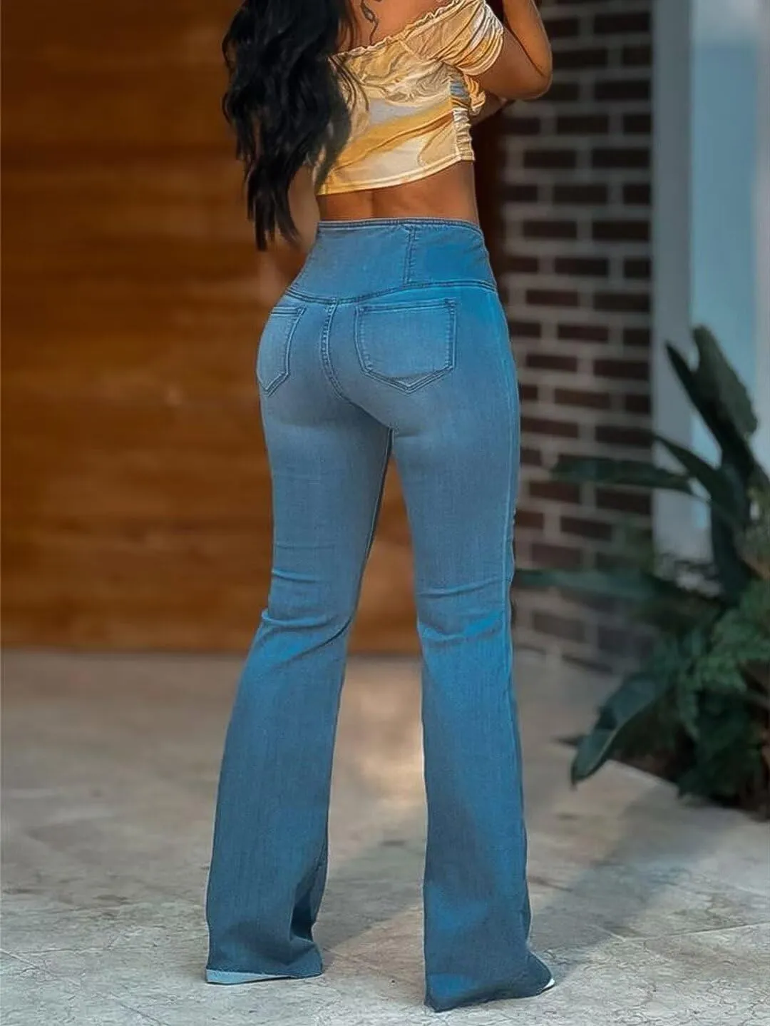 Flamingals Flared Wide Leg High Rise Casual Wash Wrap Denim Jeans Mid Blue