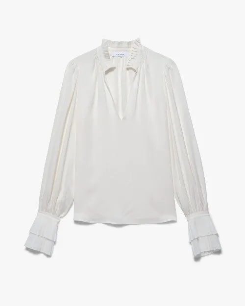 FRAME | Pleated Cuff V-Neck Top | Off White
